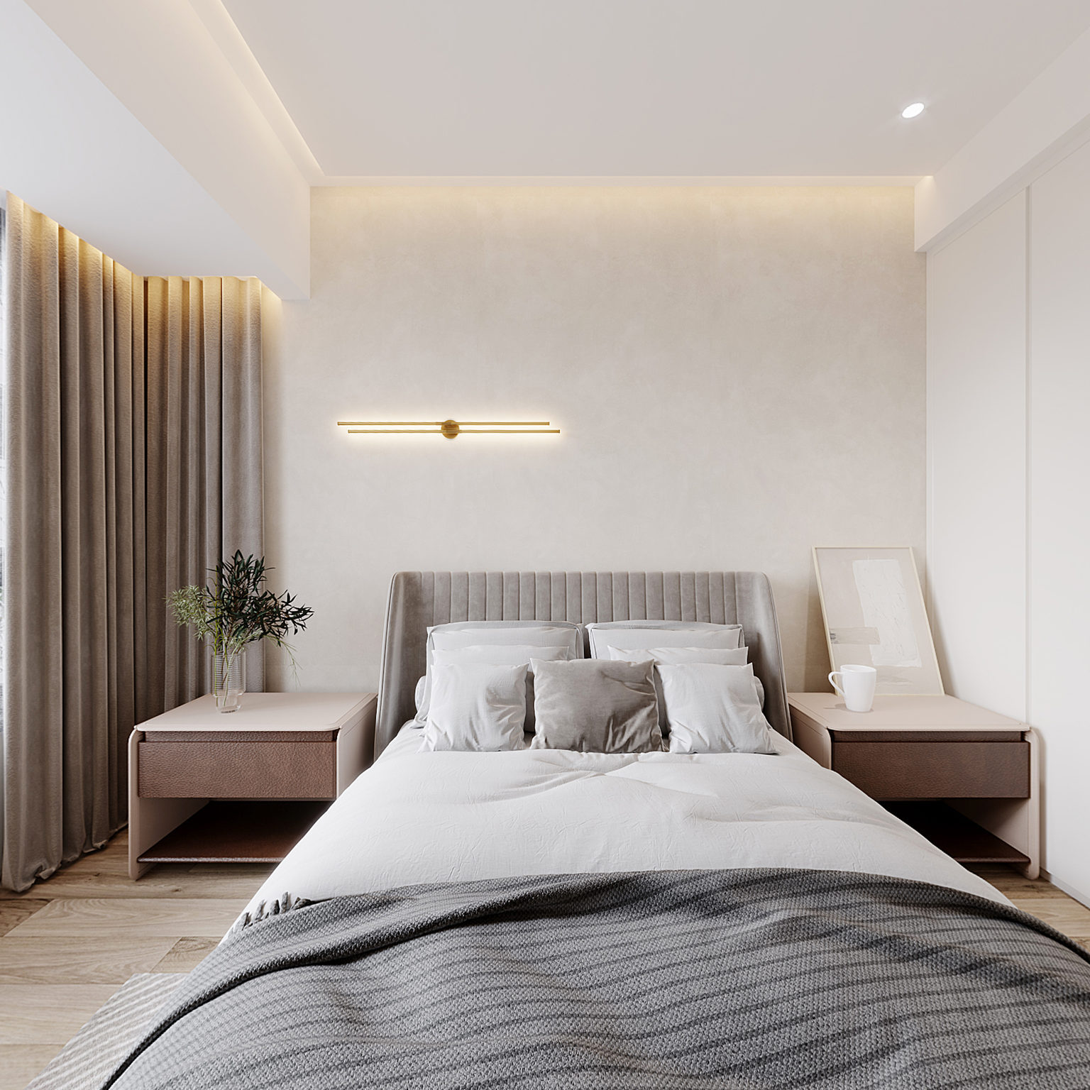 全景现代卧室 床 床头柜 壁灯 梳妆台 小吊灯 窗帘 地毯3d模型