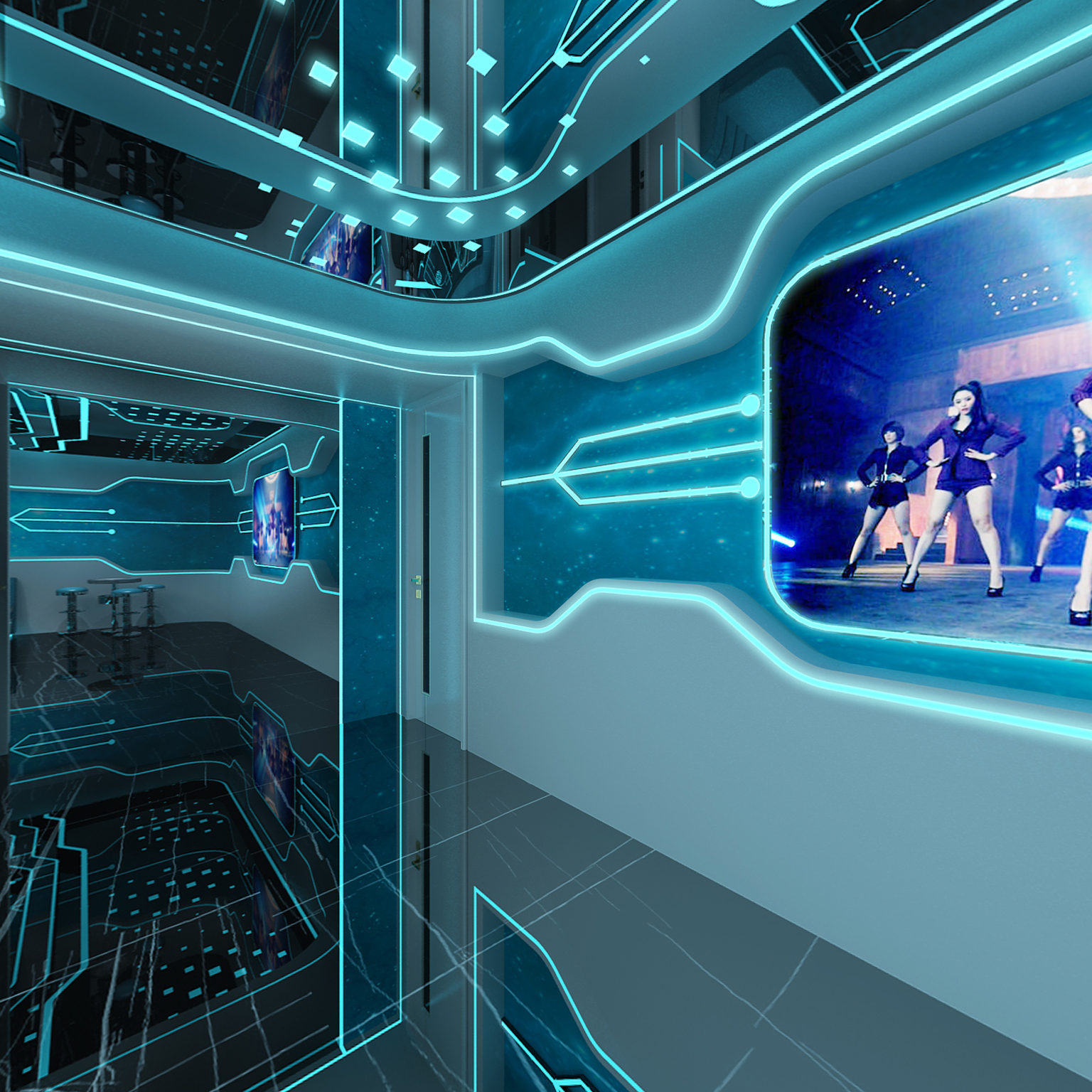 全景现代科技感ktv 沙发组合 茶几 吧椅 屏幕贴图3d模型