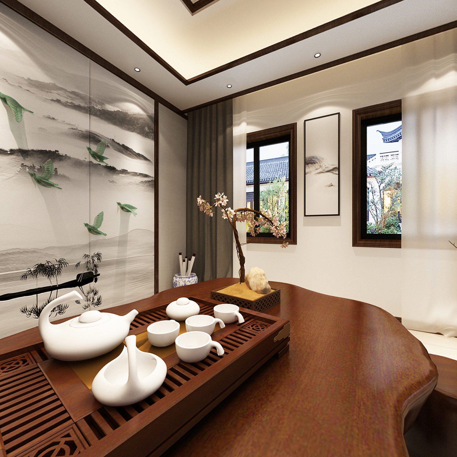 全景中式茶馆 茶桌 壁画 墙饰 冰箱 壁柜 吊灯3d模型