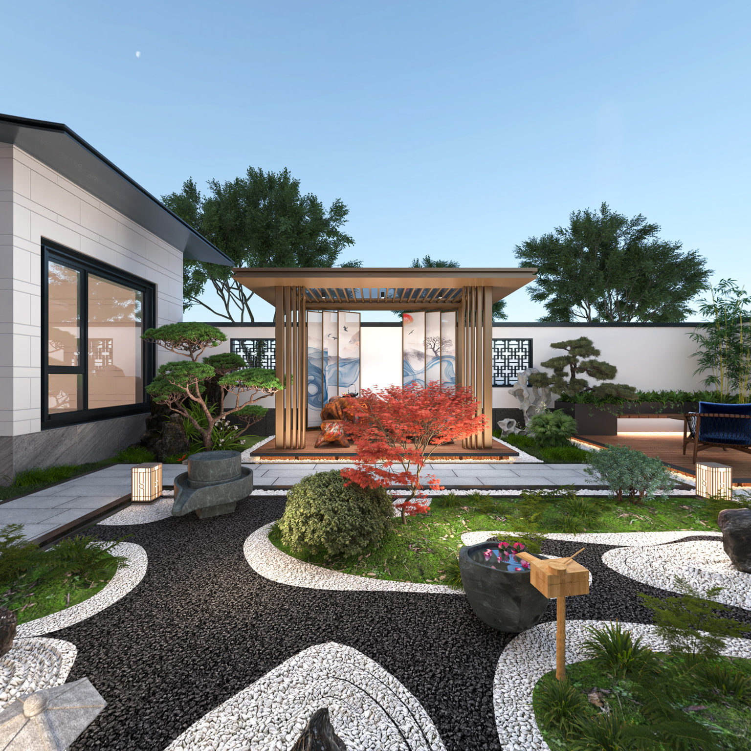 全景新中式别墅庭院景观3d模型