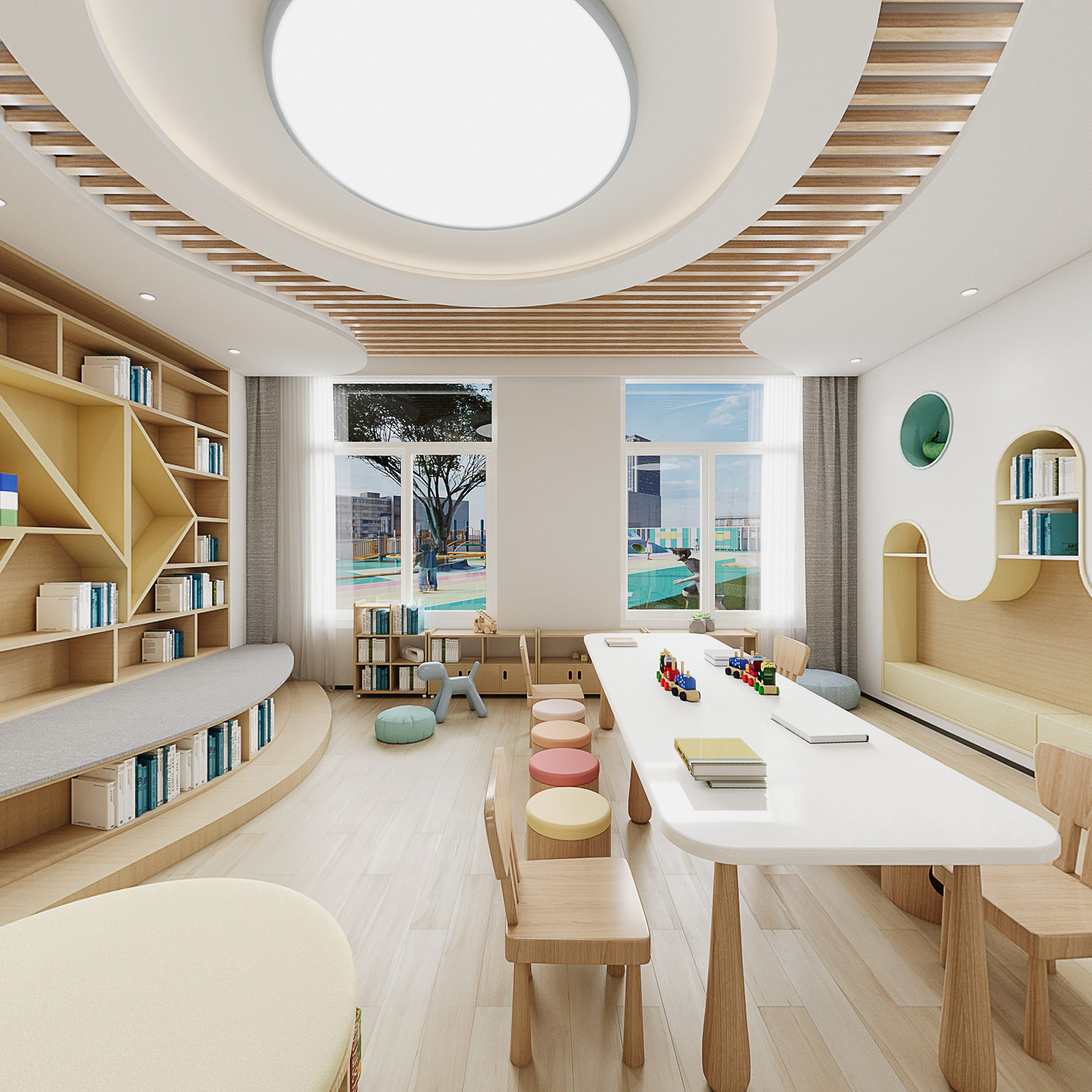 全景现代图书阅览室 幼儿园 图书室3d模型