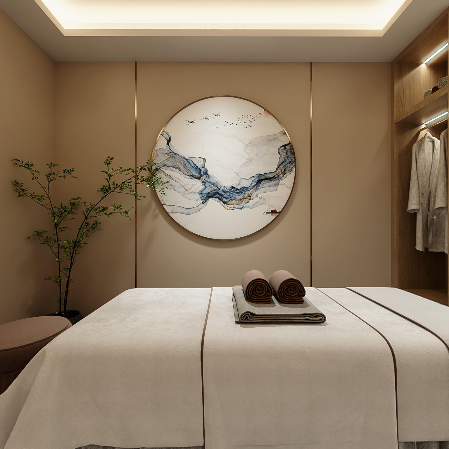 全景新中式美容spa包间 美容床 洗手台 浴盆3d模型