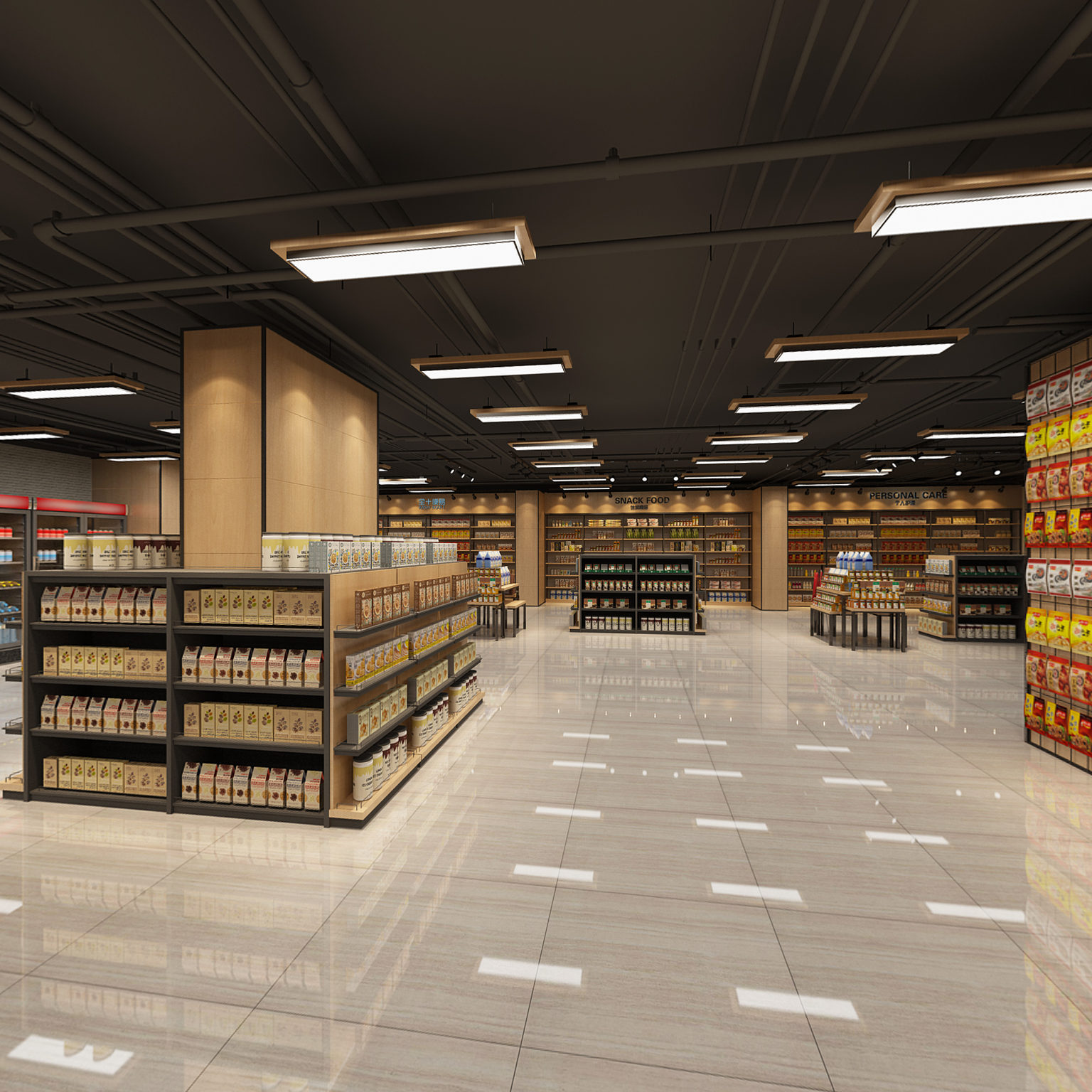 全景现代超市 货架 前台 收银台 岛台货架 吊灯3d模型