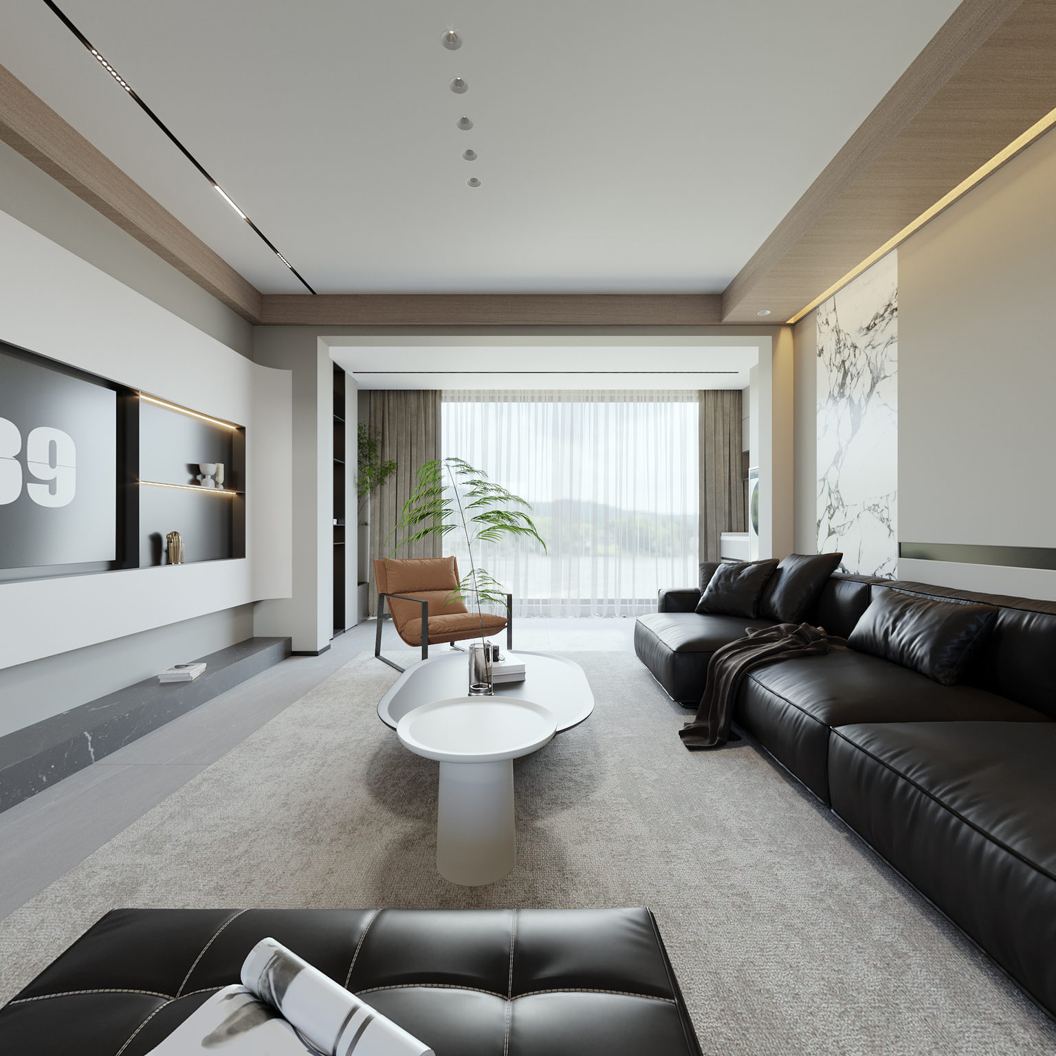 全景现代客餐厅 皮沙发 鞋柜 背景墙 植物 沙发茶几组合3d模型