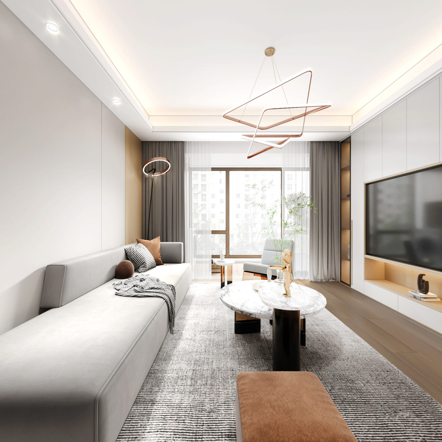 全景现代客餐厅 卧室 书房 书柜 衣柜 餐桌椅 吊灯 电视墙 书桌3d模型