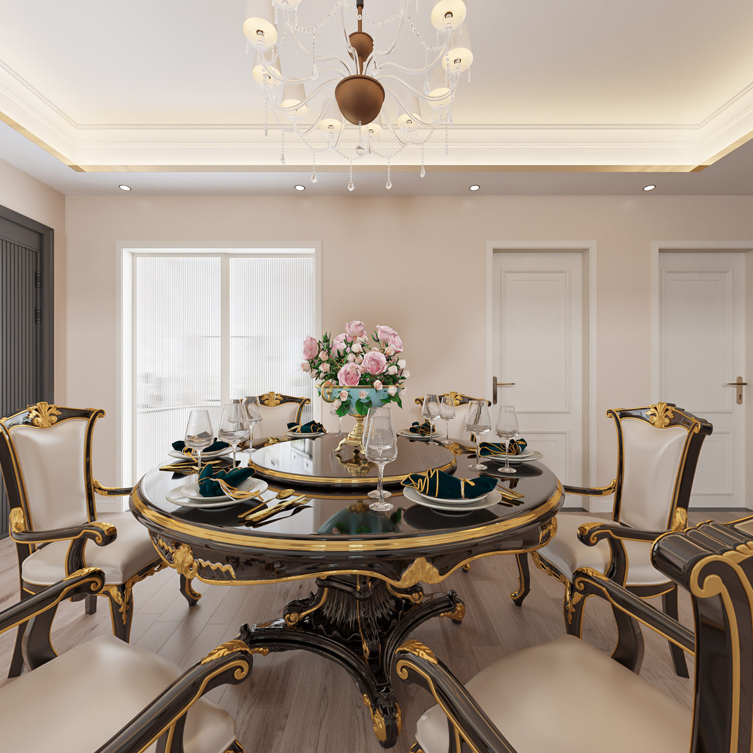 全景简欧别墅客餐厅3d模型