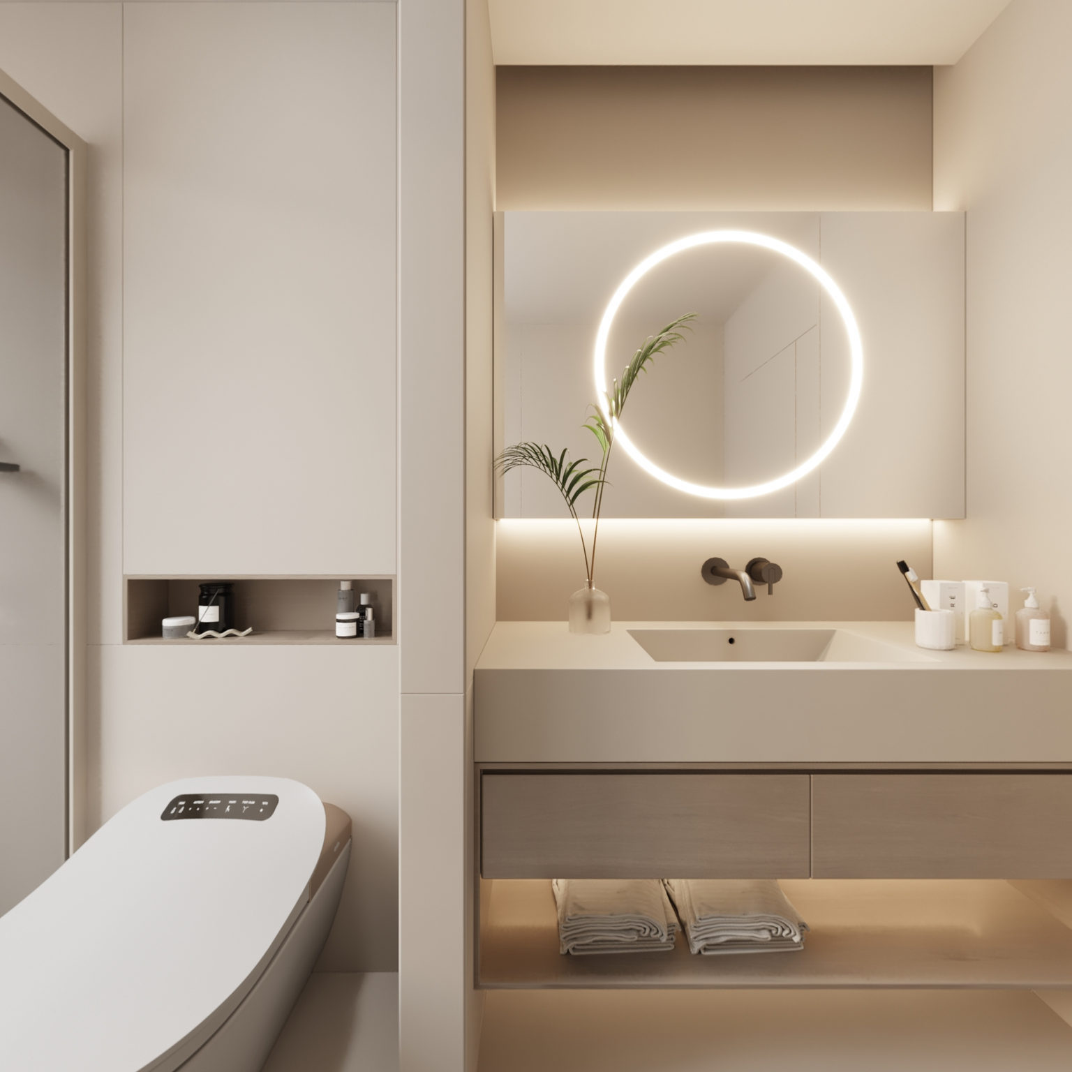 全景现代奶油侘寂风卫生间3d模型