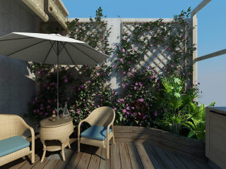 新中式户外休闲阳台全景模型 休闲椅 窗帘 转角沙发【ID:930112958】