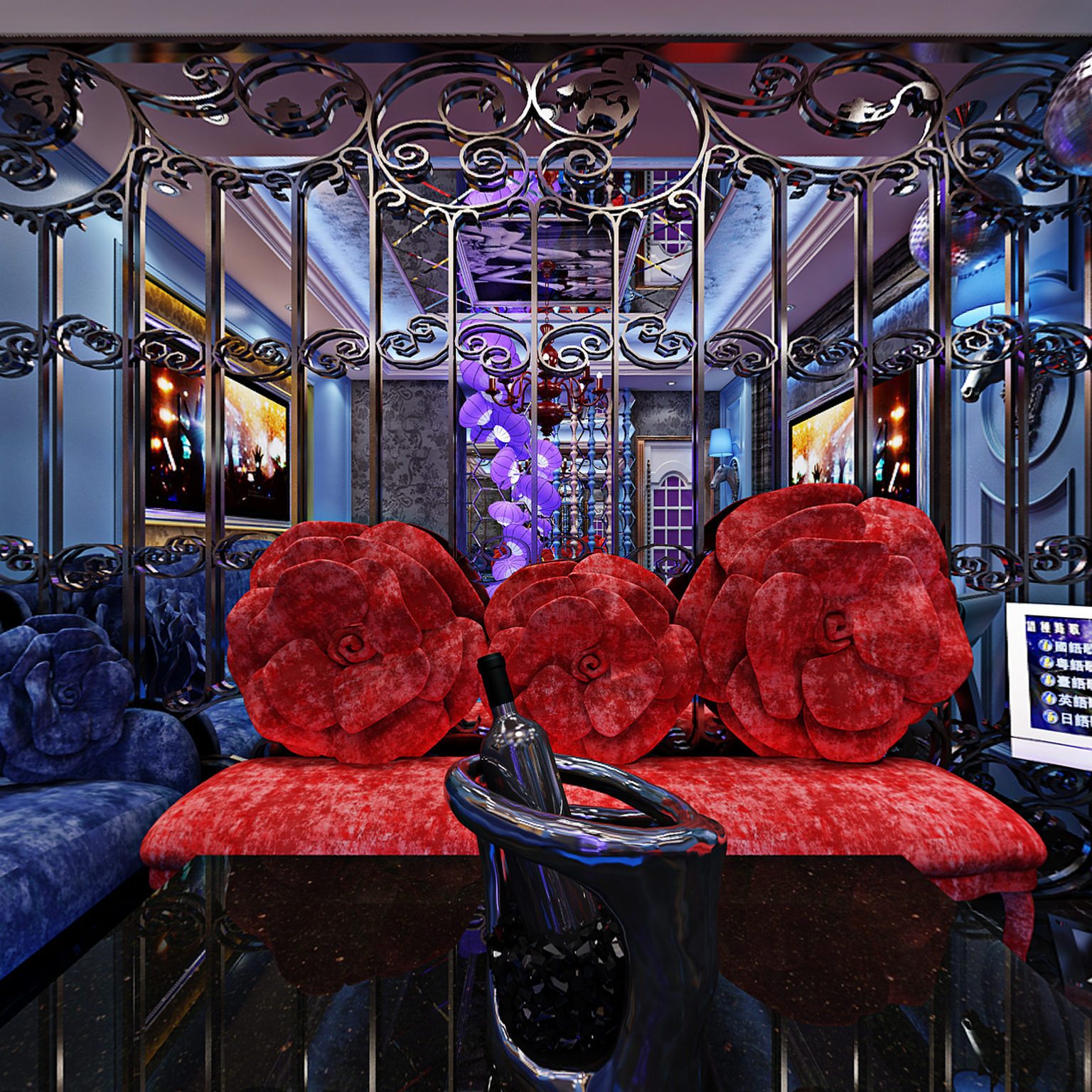 全景欧式ktv全景 装饰画 背景墙 包厢包间 点唱机 吧凳 点歌台 沙发