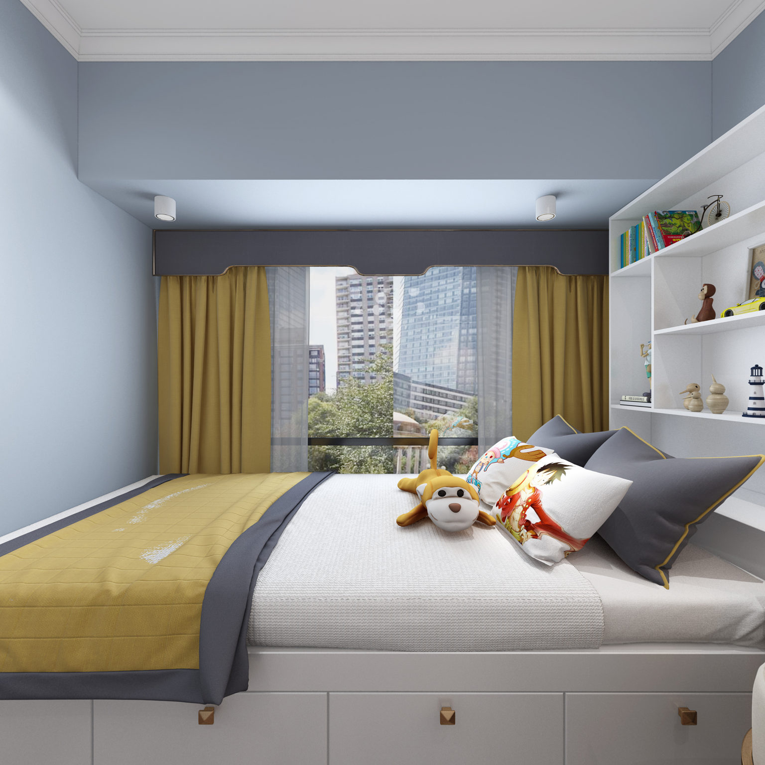 全景现代轻奢儿童房3d全景模型   男孩房 小孩房 书桌 书椅 墙柜 架子