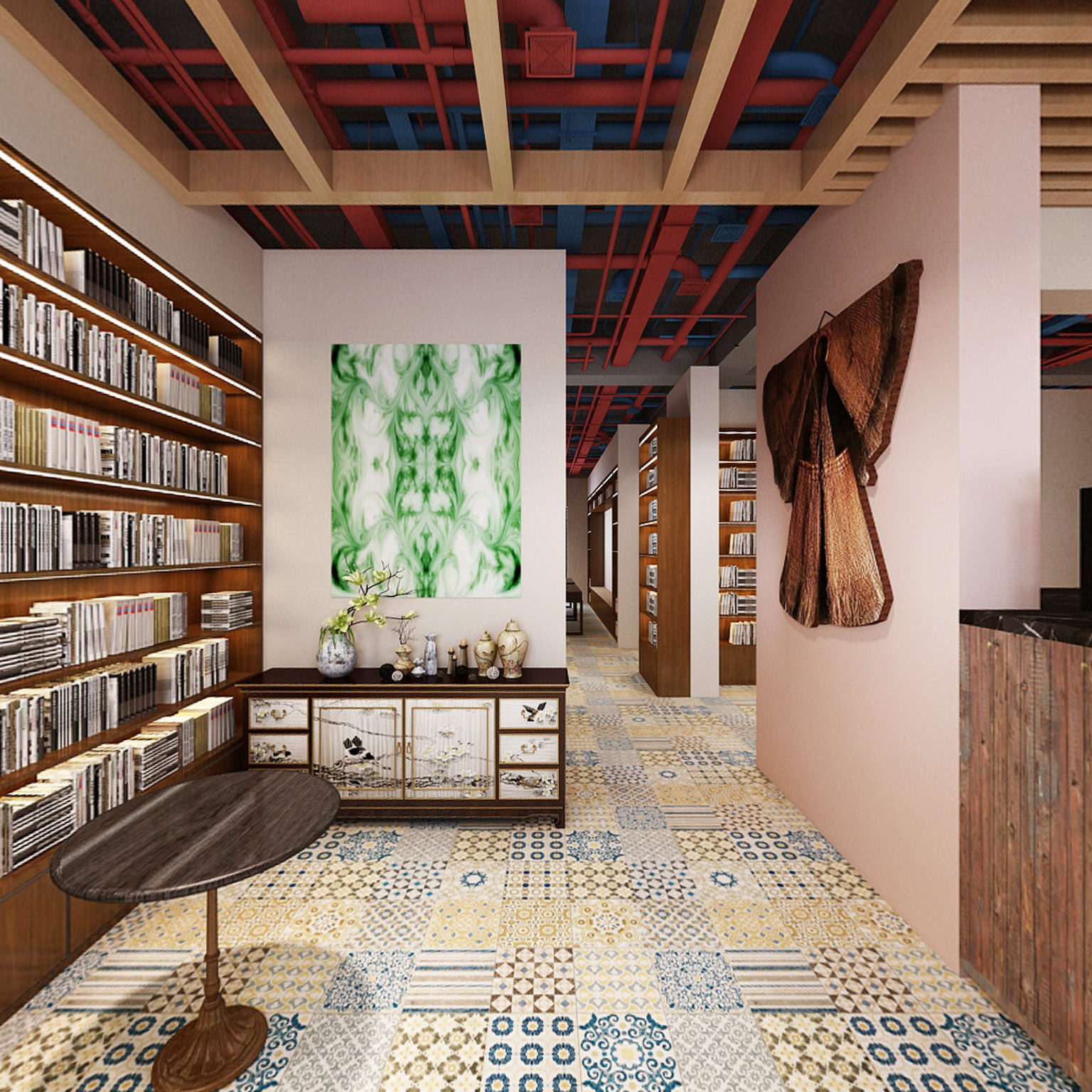 全景东南亚书吧3d全景模型   吧台 图书馆3d模型