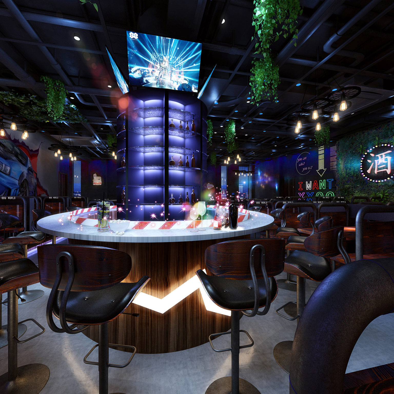 全景工业风汽车主题酒吧 收银台 圆形吧台 吧椅 饮品 卡座 酒柜3d全景