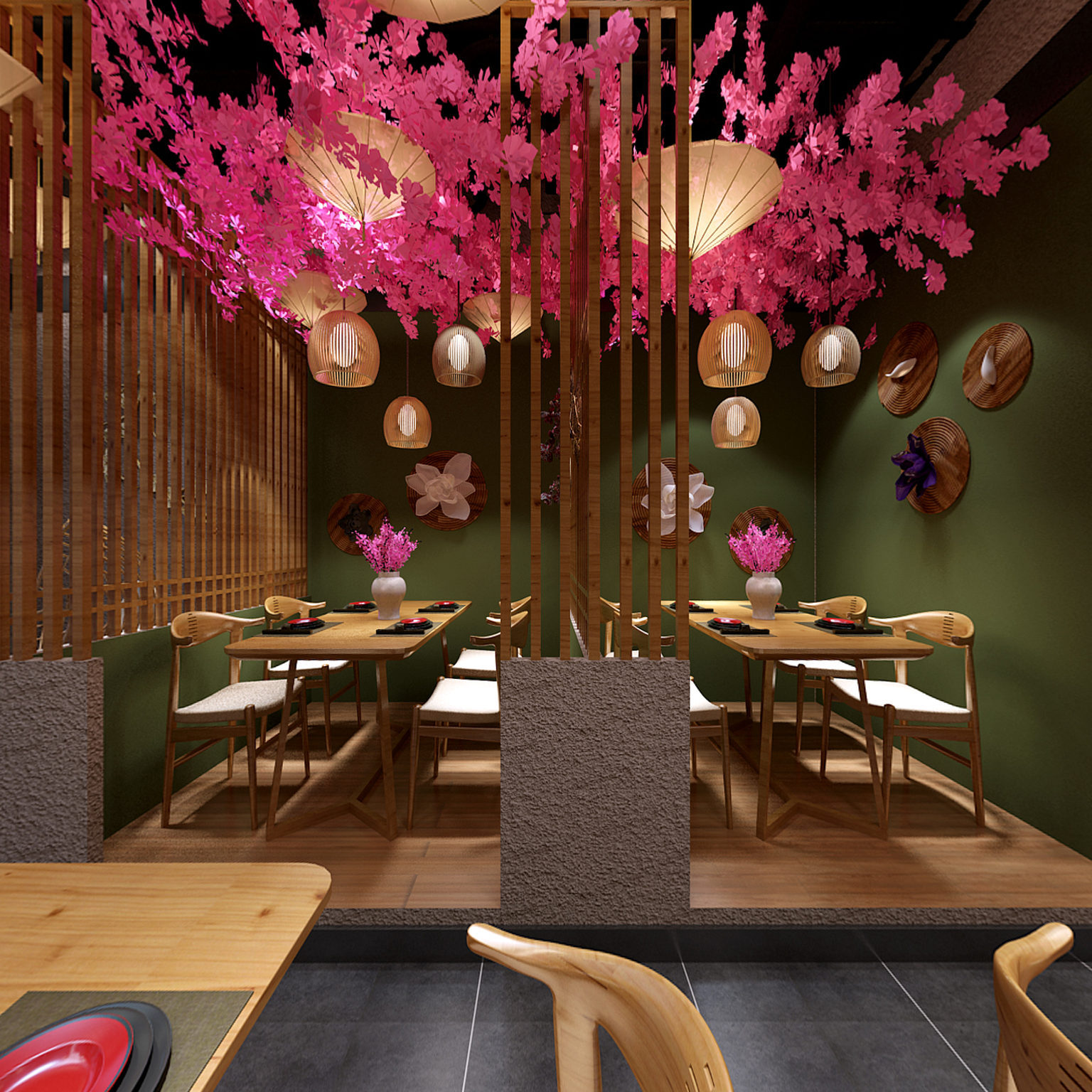 全景日式寿司店主题餐厅全景模型 樱花 明档 榻榻米3d模型