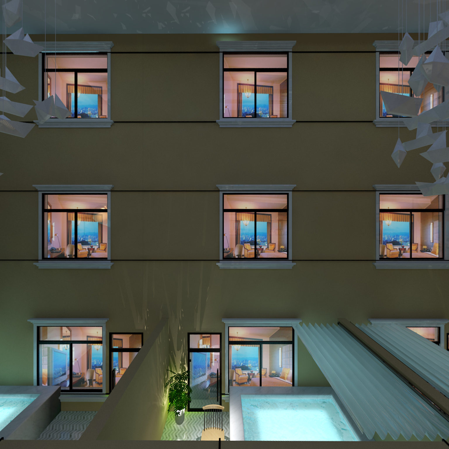 全景现代酒店中庭3d全景模型  旋转木马 旋转滑滑梯 泳池 植物3d模型