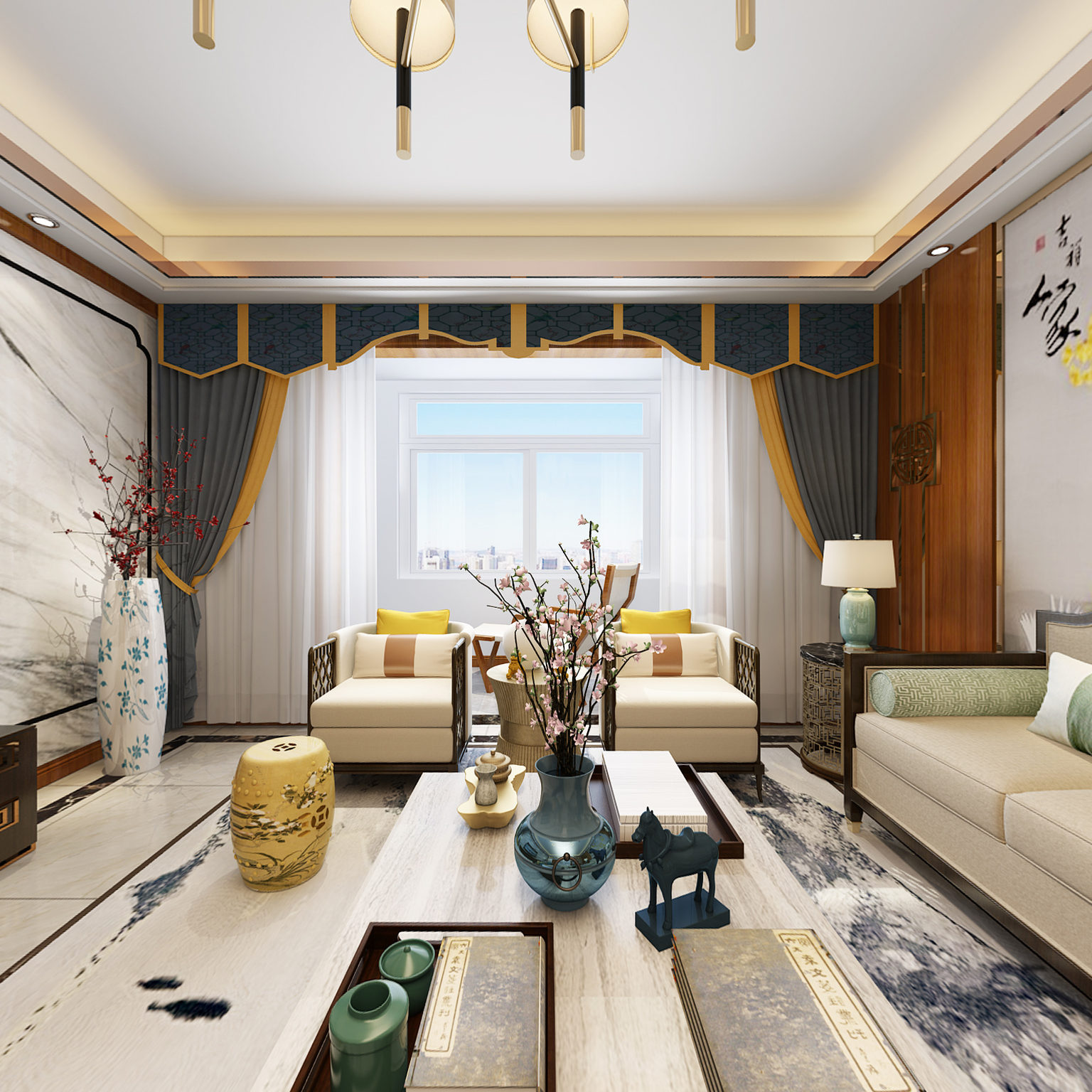 全景中式客厅全景模型 吊灯 沙发组合 电视柜 摆件 地毯 窗帘 隔断