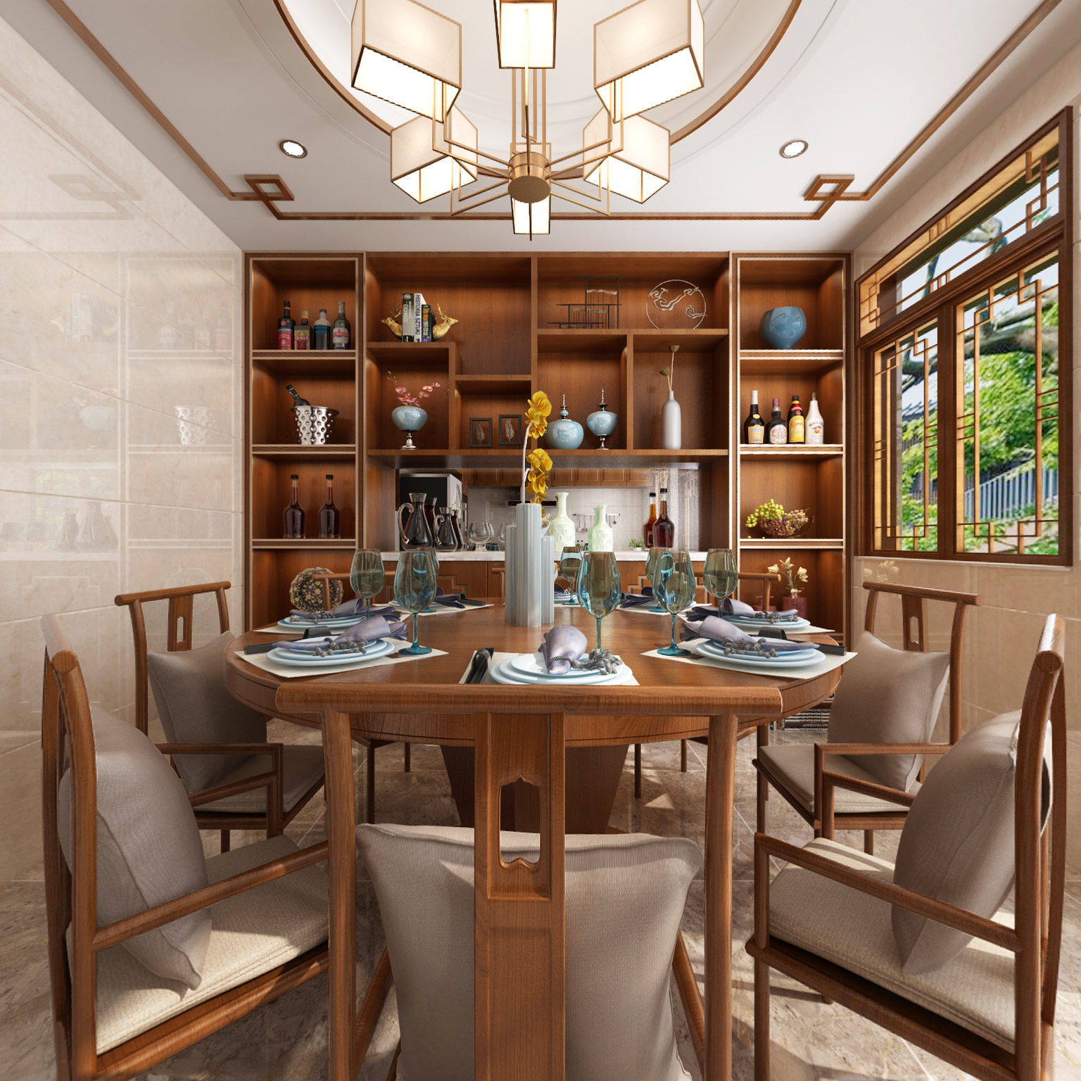 全景新中式厨房3d全景模型 厨房 餐桌组合 酒柜3d模型