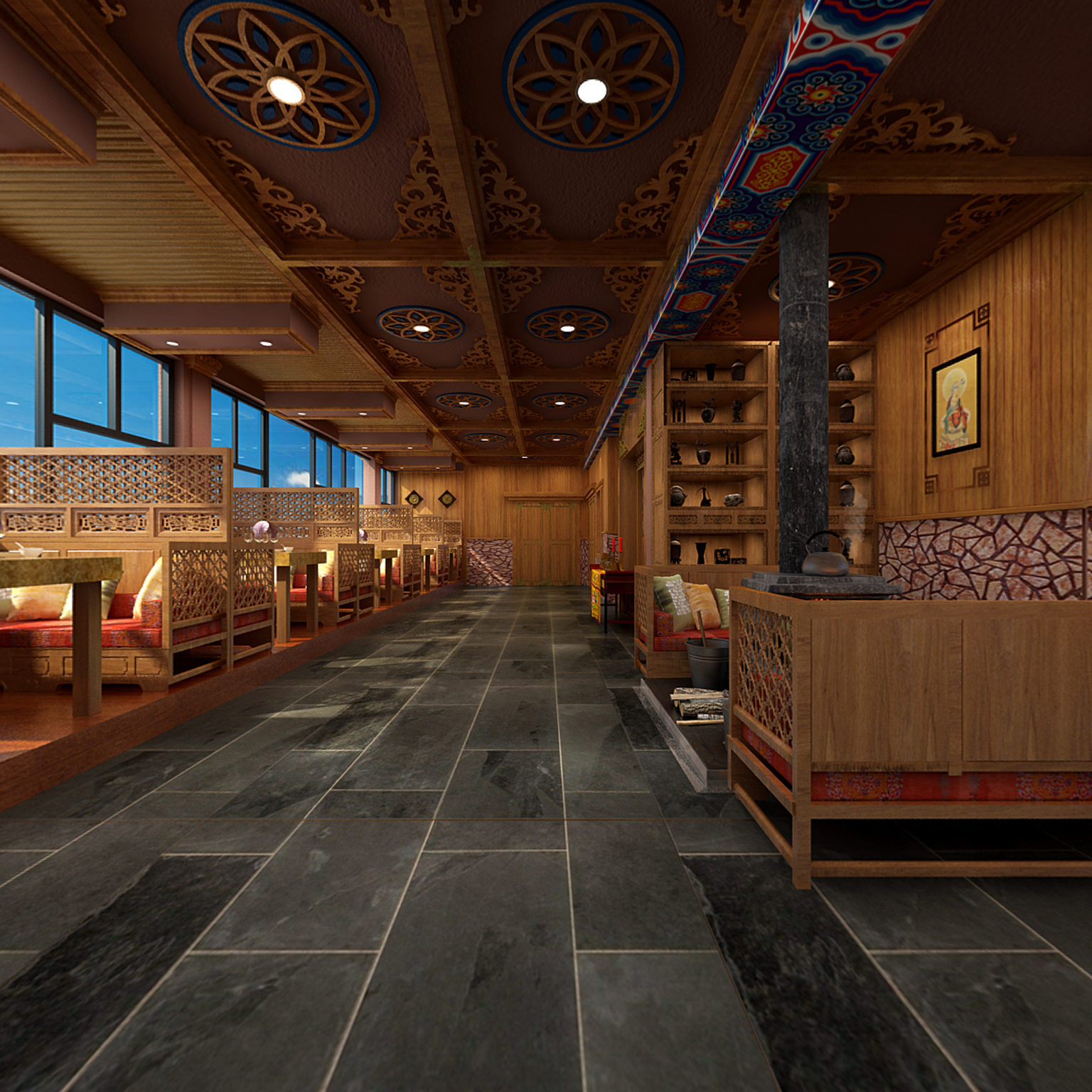 全景藏式餐厅全景模型  造型吊顶 装饰 造型门 餐桌椅3d模型