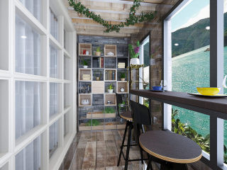 美式简约轻工业阳台全景 挂画 休闲桌椅 盆栽 摆件柜【ID:95131571】