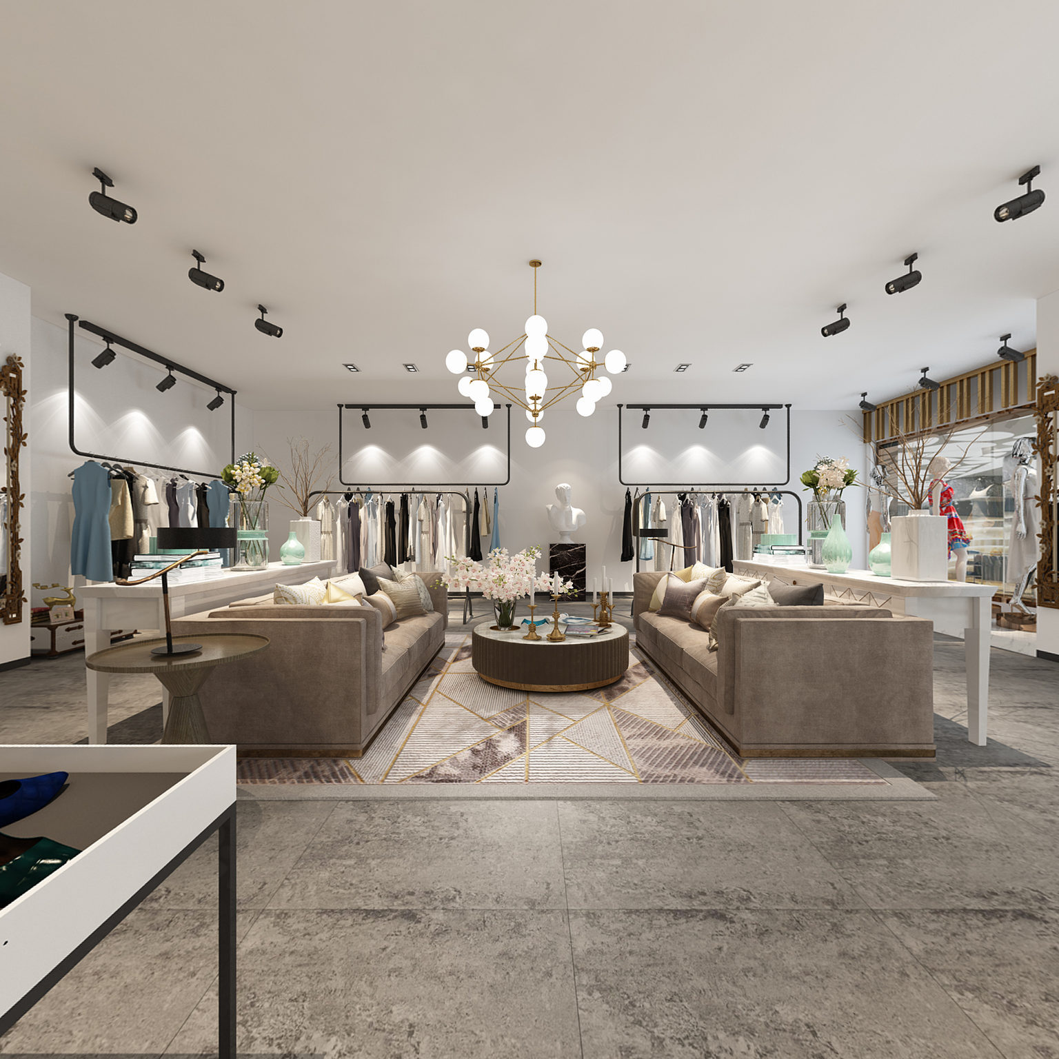 全景现代轻奢服装店全景架子 衣服 鞋3d全景模型3d模型